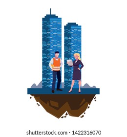 male builder constructor with woman engineer and building