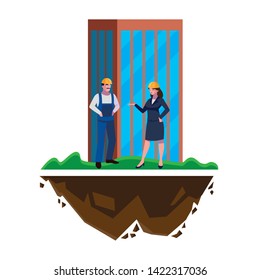 male builder constructor with woman engineer and building