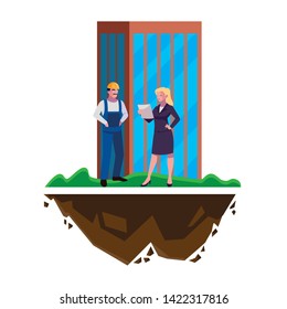 male builder constructor with woman engineer and building