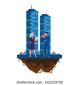 male builder constructor with woman engineer and building