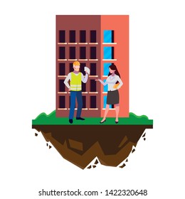 male builder constructor with woman engineer and building