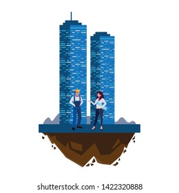 male builder constructor with woman engineer and building