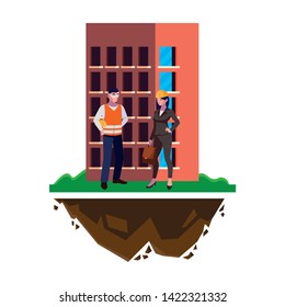 male builder constructor with woman engineer and building