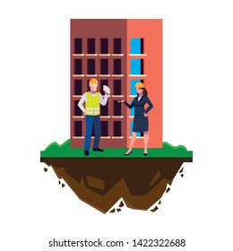 male builder constructor with woman engineer and building