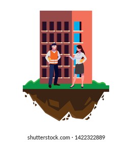 male builder constructor with woman engineer and building