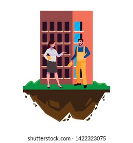 male builder constructor with woman engineer and building