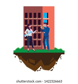 male builder constructor with woman engineer and building