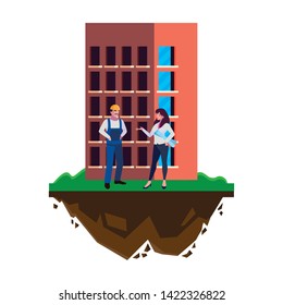 male builder constructor with woman engineer and building