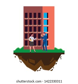 male builder constructor with woman engineer and building
