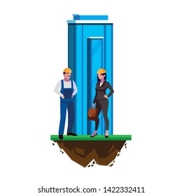 male builder constructor with woman engineer and building