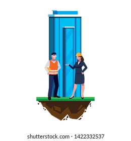 male builder constructor with woman engineer and building