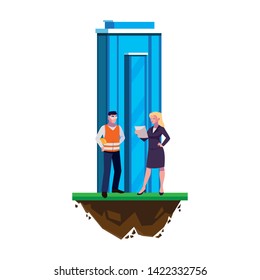 male builder constructor with woman engineer and building