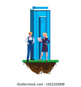 male builder constructor with woman engineer and building