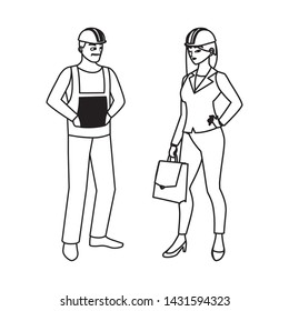male builder constructor with woman engineer