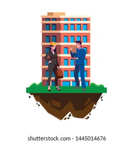 male builder constructor with woman engineer and building