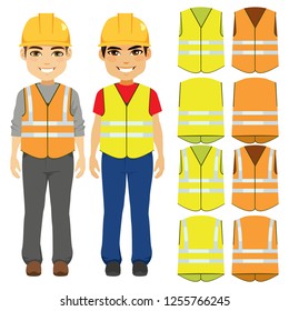 Male builder contractor uniform with safety helmet and orange or yellow vests