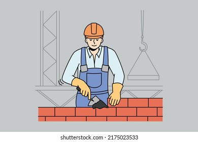 Male Builder In Helmet And Uniform Working At Construction Site. Man Worker Building House With Bricks. Renovation Concept. Vector Illustration. 