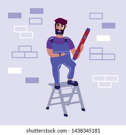 A male Builder with a level mounting tool, standing on a ladder ladder. Cartoon style