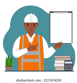 Male builder in a protective helmet and an orange vest. A man holds a clipboard with white paper on which there is a place for text.