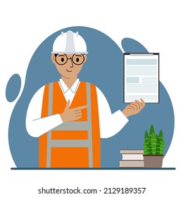 Male builder in a protective helmet and an orange vest. A man holding a clipboard with a document. The concept of engineering quality control of the construction industry and repair services. Vector f