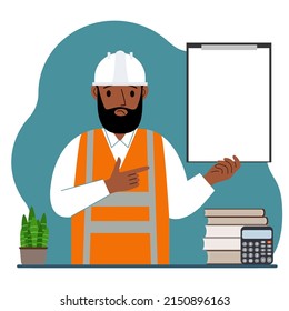 Male builder in a protective helmet and an orange vest. A man holds a clipboard with white paper on which there is a place for text. Vector flat illustration