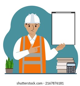 Male builder in a protective helmet and an orange vest. A man holds a clipboard with white paper on which there is a place for text. Vector flat illustration