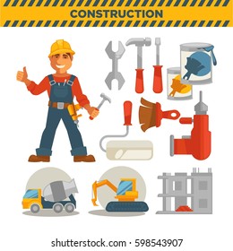 Male builder and set of special tools on white. Vector colorful poster in flat design of instruments and equipments for construction, concrete mixer and bulldozer vehicle, unfinished building.