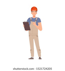 Male builder in a tablet in his hands. Vector illustration.