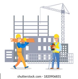 Male builder in uniform and hard hat communicating with man foreman on building construction background flat vector illustration. Workers professioanal engineer and surveyor makes measurements