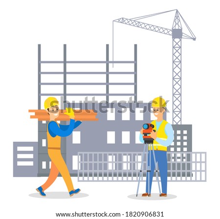 Male builder in uniform and hard hat communicating with man foreman on building construction background flat vector illustration. Workers professioanal engineer and surveyor makes measurements