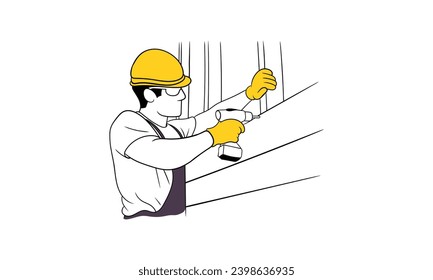 Male builder using electric drill at construction site Flat vector illustration