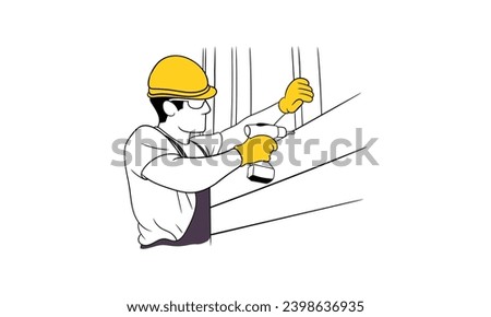 Male builder using electric drill at construction site Flat vector illustration