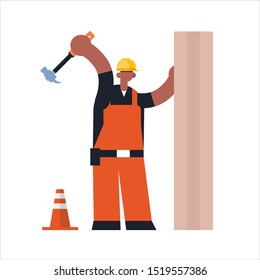 male builder using hammer busy african maerican workman industrial construction carpenter worker in uniform hammering a nail in wooden plank building concept flat full length