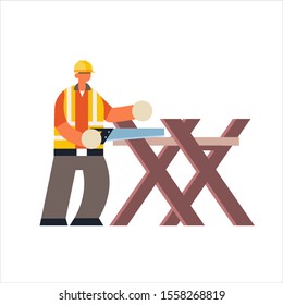 male builder using handsaw sawing log on sawbuck into lumber busy workman industrial construction carpenter worker in uniform building concept flat full length vector illustration