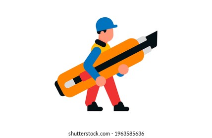Male builder walking with a cutter. Worker and stationery tool. Vector illustration isolated on white background