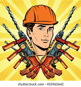 Male Builder work and electric drill, pop art retro vector. Profession and specialization