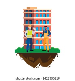 male builders constructors workers with building