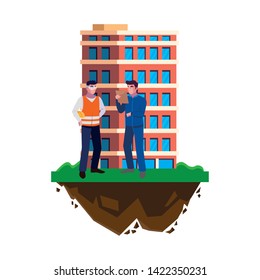 male builders constructors workers with building