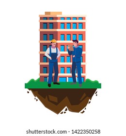 male builders constructors workers with building