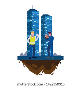 male builders constructors workers with building