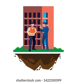 male builders constructors workers with building
