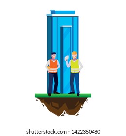male builders constructors workers with building