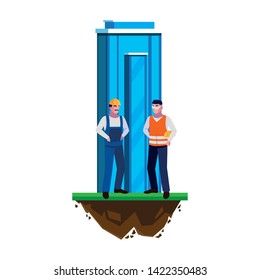 male builders constructors workers with building