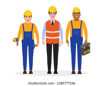Male builders dressed in work clothes and a construction helmet and holding construction tools, three characters in flat style, vector illustration