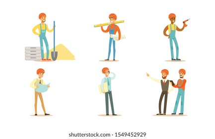 Male builders and engineers. Vector illustration on a white background.