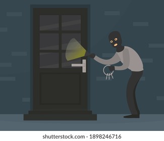 Burglar macho en Balaclava Cometiendo Robo, Robo tratando de desbloquear puerta con escopeta de esclusas rodando en casa, escena criminal Ilustración vectorial plana