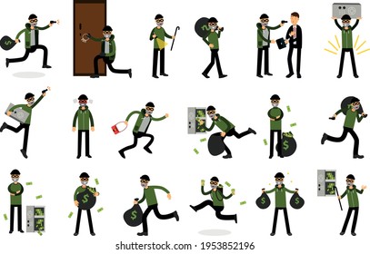 Male Burglar or Robber in Black Mask Stealing Money Vector Illustration Set