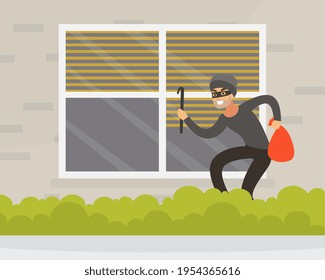 Male Burglar or Robber in Black Mask Breaking Into House Through Window Vector Illustration