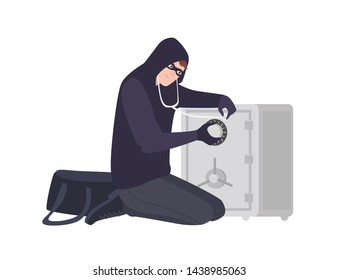 Male burglar wearing mask and hoodie using stethoscope to open safe or strongbox. Theft, burglary or housebreaking. Thief, burglar, criminal or outlaw. Flat cartoon colorful vector illustration.