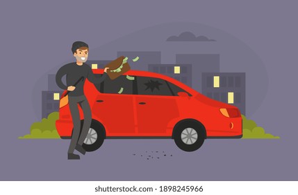 Burglars robando bolso de mano con dinero del auto en la calle, ladrón cometiendo robo, escena criminal Ilustración vectorial plana